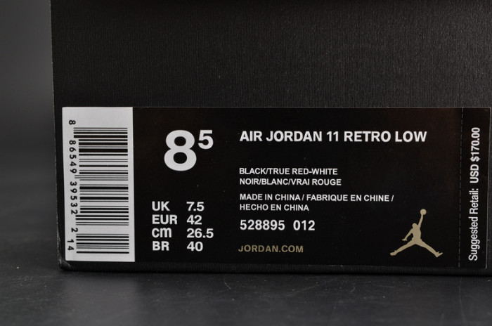 air jordan 11 retro low "bred" black/ red mens 528895-012